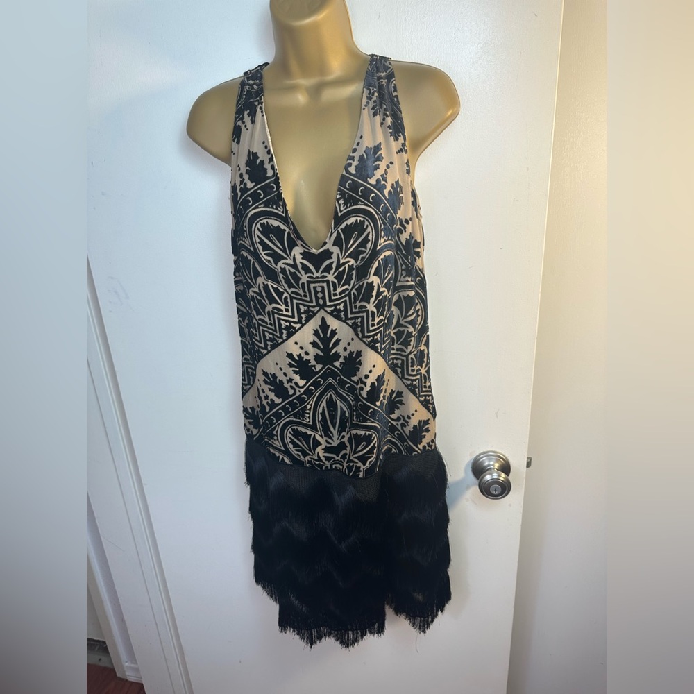 Max Studio Specialty Rosa Vintage Black VelvetFringe Silk Whimsigoth Dress NWT M